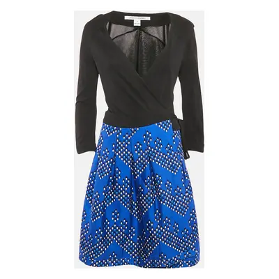 Diane Von Furstenberg Black/Blue Printed Wool Blend and Jersey Wrap Dress