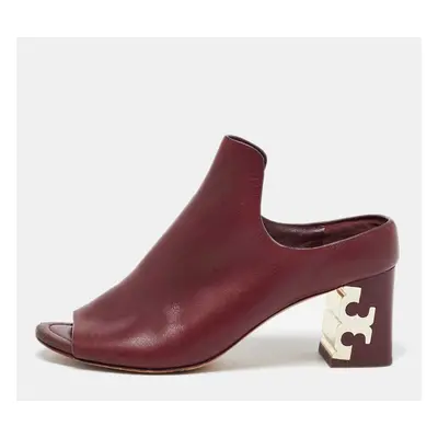 Tory Burch Burgundy Leather Block Heel Mules Size 37.5