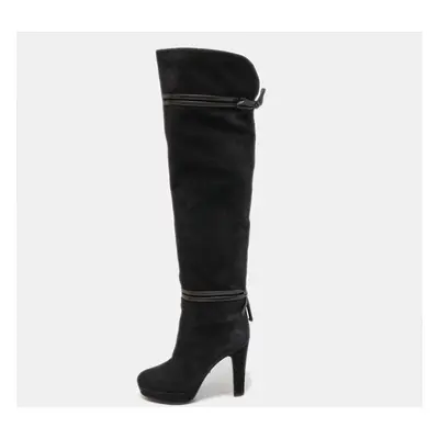 Gucci Black Suede and Leather Bow Over The Knee Boots Size 36.5