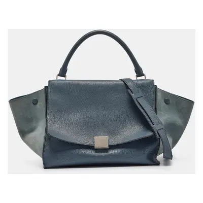 Celine Two Tone Blue Leather and Suede Medium Trapeze Bag