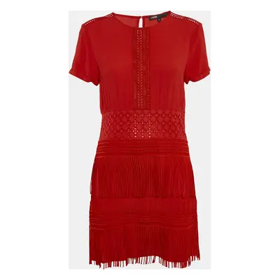 Maje Red Crepe Lace Trim Detail Fringed Mini Dress