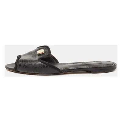 Dolce & Gabbana Black Lizard Embossed Leather Sofia Slides Size