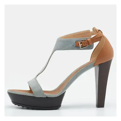 Tod's Grey/Beige Suede And Leather T-Strap Platform Sandals Size