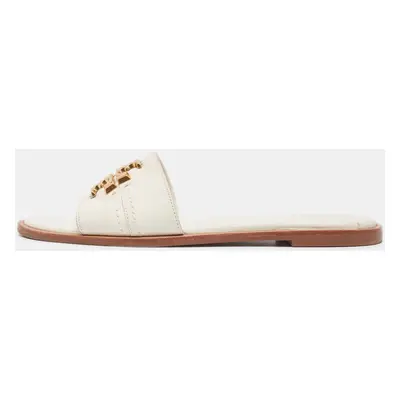 Tory Burch White Leather Everly Flat Slides Size 38.5