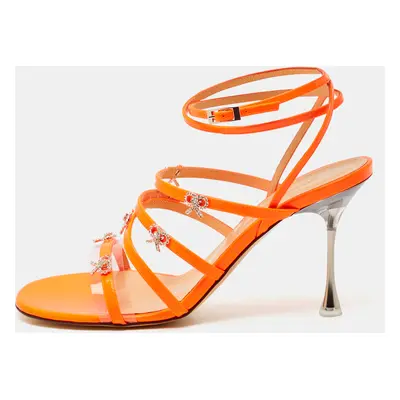 Mach & Mach Neon Orange Patent Leather Crystal Bow Camille Sandals Size