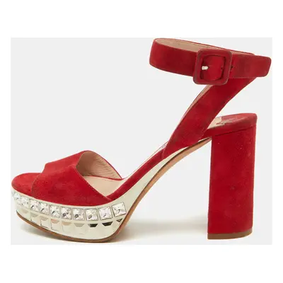 Miu Miu Red Suede Crystal Embellished Platform Ankle Strap Sandals Size 37.5