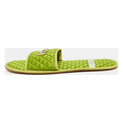 Gucci Green Quilted Satin Interlocking G Logo Flat Slides Size