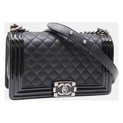 Chanel Black Lambskin Patent Leather Boy Coco Mark Chain Shoulder Bag