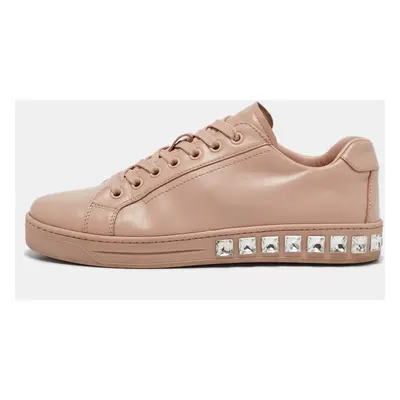 Prada Pink Leather Crystal Embellished Low Top Sneakers Size