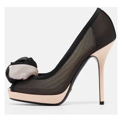 Dior Black/Blush Pink Mesh and Satin Chiffon Flower Peep Toe Platform Pumps Size