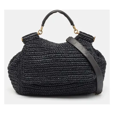 Dolce & Gabbana Black Crochet Straw and Leather Large Miss Sicily Top Handle Bag