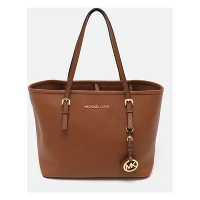 Michael Kors Brown Saffiano Leather Small Jet Set Travel Tote