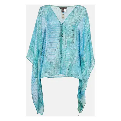 Roberto Cavalli Blue Snake Print Silk Lace-Up Neck Kaftan Top