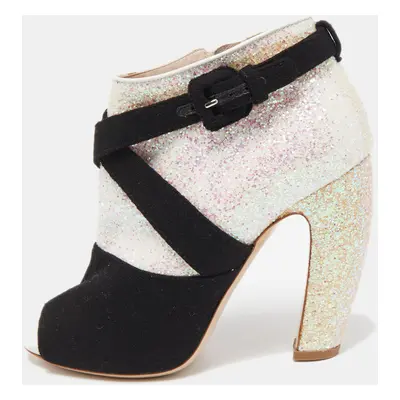 Miu Miu Silver/Black Glitter and Suede Peep-Toe Ankle Boots Size