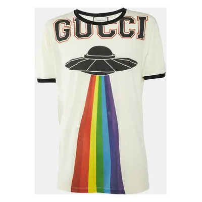 Gucci Cream UFO Print Cotton Distressed Crew Neck T-Shirt