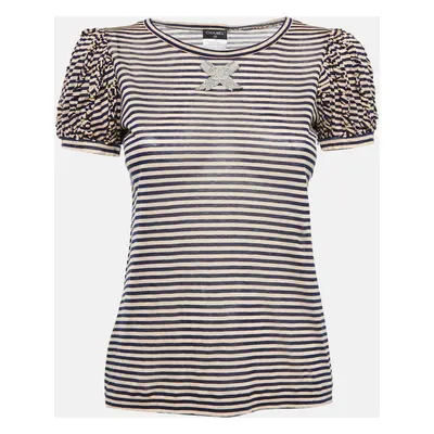 Chanel Blue/Pink Striped Jersey CC Bow Detail T-Shirt