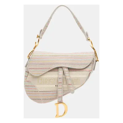 Dior Multicolor Embroidered Canvas Stripes Saddle Bag