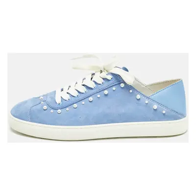 Stuart Weitzman Blue Suede Pear Embellished Lace Up Sneakers Size 39.5