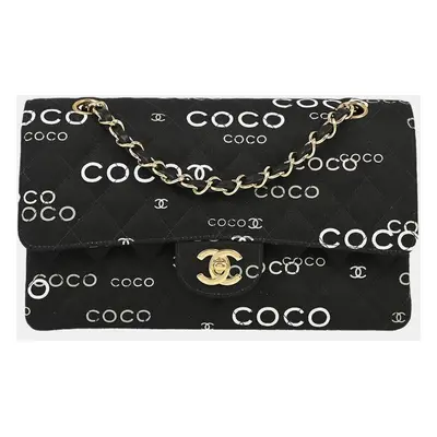 Chanel Black Canvas Coco Medium Classic Double Flap Shoulder Bag