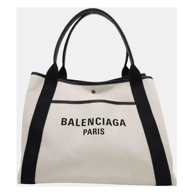 Balenciaga Natural/Black Canvas Leather Biarritz Large Tote bag Size