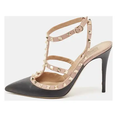 Valentino Black/Pink Leather Rockstud Strappy Pointed Toe Pumps Size