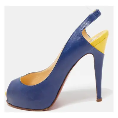 Christian Louboutin Navy Blue/Yellow Leather No Prive Peep-Toe Slingback Sandals Size