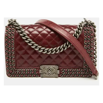 Chanel Burgundy Quilted Leather Chain Around Boy Flap Bag