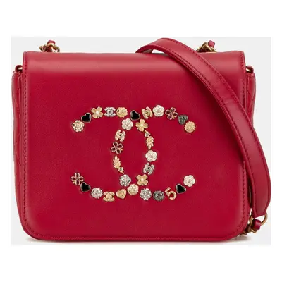 Chanel Red Leather Matelasse Heart Flower Chain Shoulder Bag