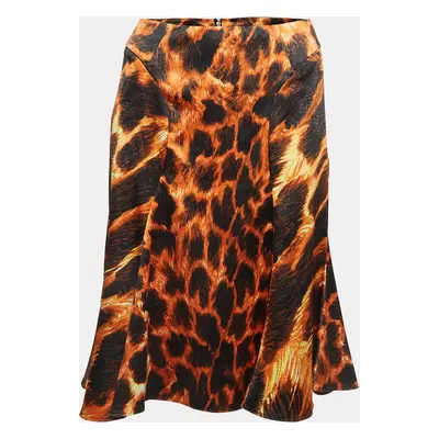 Just Cavalli Orange/Black Animal Print Satin Flared Midi Skirt