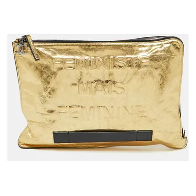 Chanel Metallic Gold Crinkled Leather Large Feminine Pouch