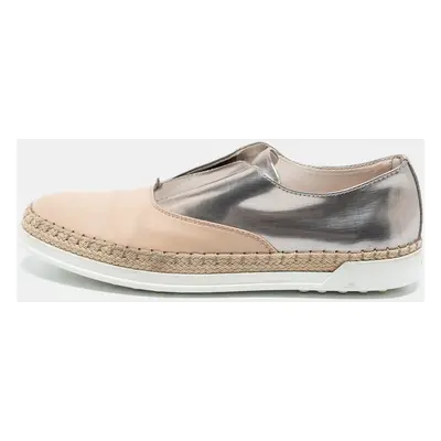 Tod's Silver and Beige Patent and Leather Francesina Slip On Espadrille Sneakers Size 35.5