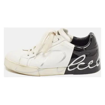 Dolce & Gabbana White/Black Leather and Patent Portofino Lace Up Sneakers Size