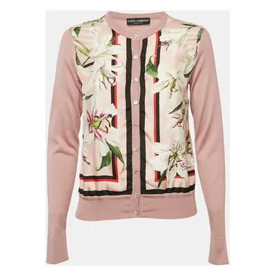 Dolce & Gabbana Pink Floral Print Silk and Rib Knit Cardigan