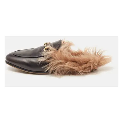 Gucci Black Fur and Leather Princetown Mules Size