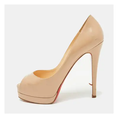 Christian Louboutin Beige Patent Leather Altadama Platform Peep Toe Pumps Size 38.5