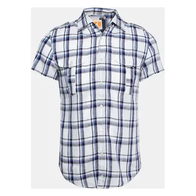 Boss Orange by Hugo Boss White and Blue Check Print Linen Short Sleeves Shirt