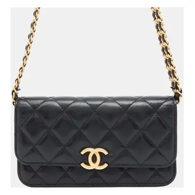 Chanel Black Lambskin Leather Coco Mark Wallet On Chain