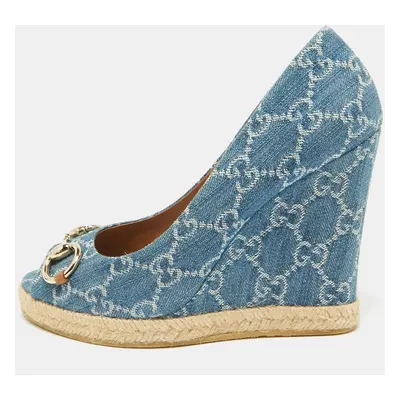 Gucci Blue GG Denim Charlotte Horsebit Peep Toe Wedge Pumps Size 39.5