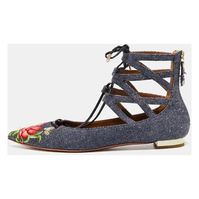 Aquazzura Blue Floral Embroidered Denim Christy Flat Sandals Size