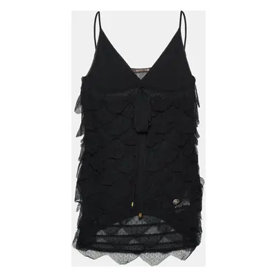 Roberto Cavalli Black Lace Frill Detail Sleeveless Top