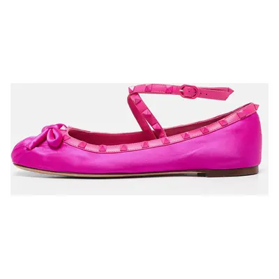 Valentino Pink Satin and Leather Rockstud Ankle Strap Ballet Flats Size