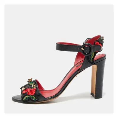 Dolce & Gabbana Black Lizard Embossed Carnation Heeled Sandals Size