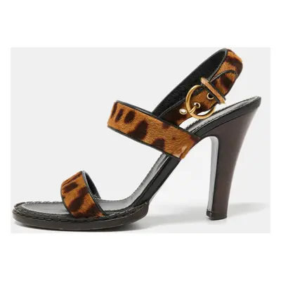 Saint Laurent Beige/Brown Leopard Print Calf Hair Slingback Sandals Size