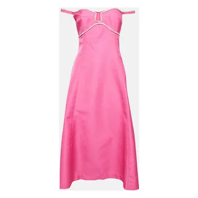 Self-Portrait Pink Textured Crepe Diamante Detail Midi Dress