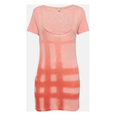 Burberry Brit Coral Pink Check Sprayed Cotton Scoop Neck T-Shirt