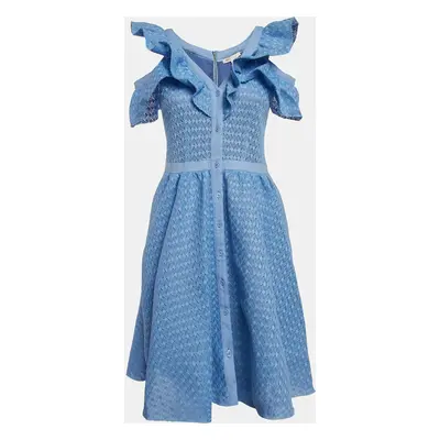 Maje Blue Lace Ruffled Cold Shoulder Reglisse Dress