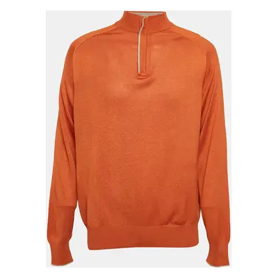 Loro Piana Orange Silk Knit Zip-Up Sweater