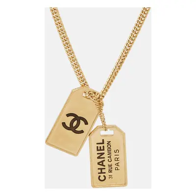 Chanel CC Rue Cambon ID Tag Enamel Gold Tone Necklace