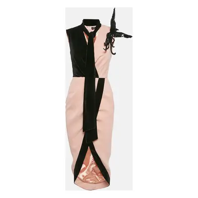 Elisabetta Franchi Pink/Black Sequin Bird Applique Crepe and Velvet Draped Midi Dress