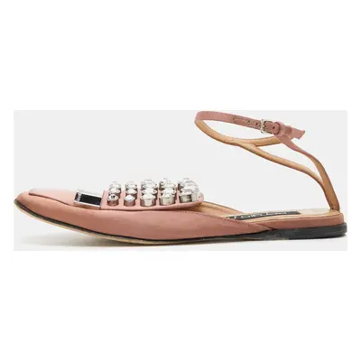 Sergio Rossi Old Rose Satin Crystal Embellished Ankle Strap Flats Size